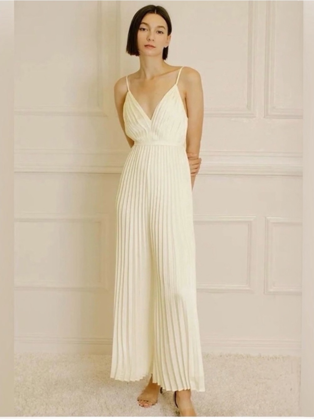 Storia Ivory Satin Pleated Wide-Leg Jumpsuit Size S